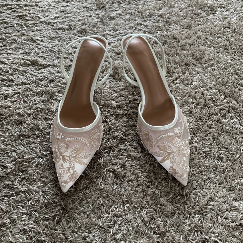Mesh Embroidered Thin High Heels Sandal 2025 Summer Sexy Slingback Pointed Toe Pumps Dress Shoes Woman Sandalias De Mujer 260306