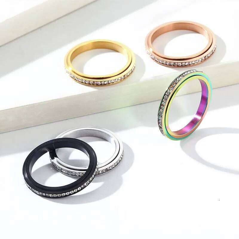 3mm Thin Stainless Steel Stackable CZ Eternity Spinner Ring Wedding Band for Women Men Size 5-12 H260312