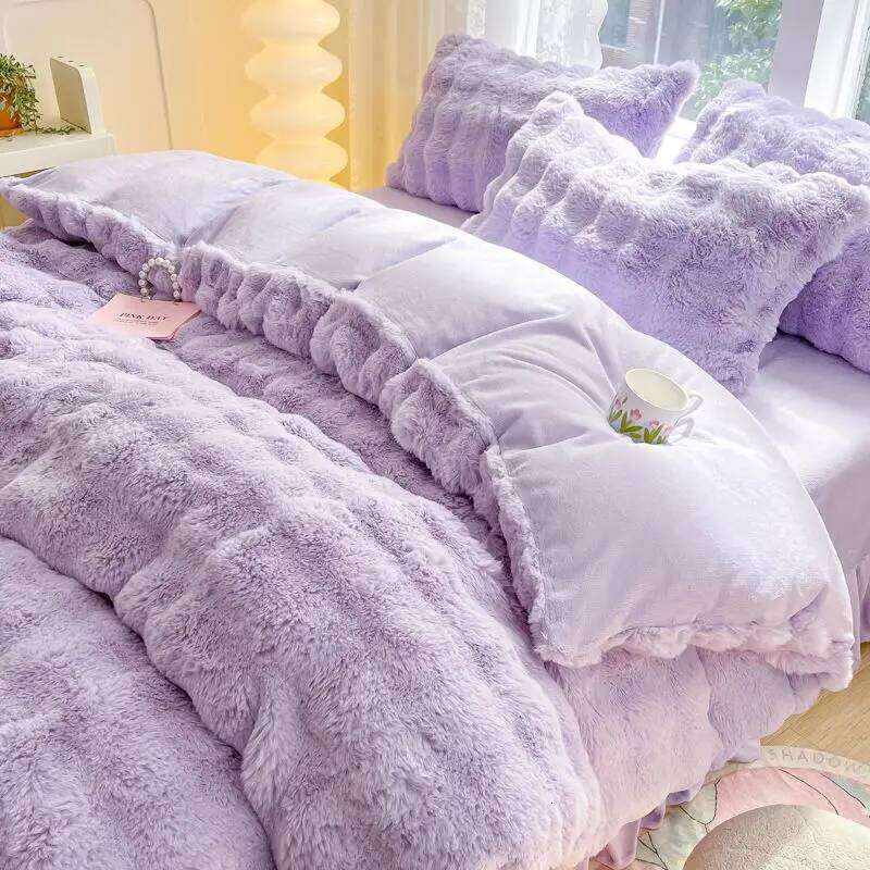 Thickened High-end Milk Four-piece Rabbit Bed Skirt Quilt Cover Winter Flannel Double-sided Fleece Bedding Set H260312
