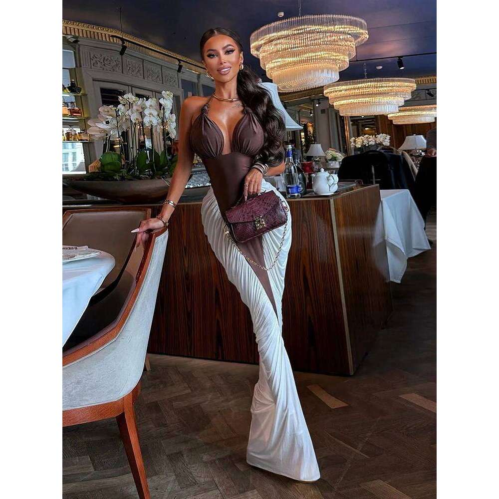 Kliou Ruched Elegant Long Dress Woman Halter Low-Neck Backless Contrast Patchwork Robe Midnight Banquet Party Classic Vestidos C260312