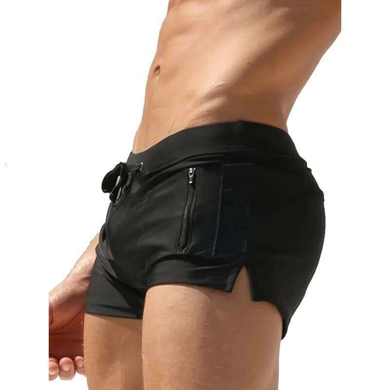 Stretchy Nylon Elastane Men's Quick-Dry Swim Trunks with Zipper Pocket - Solid Color, Drawstring Waistband for Beach & Pool Z260312