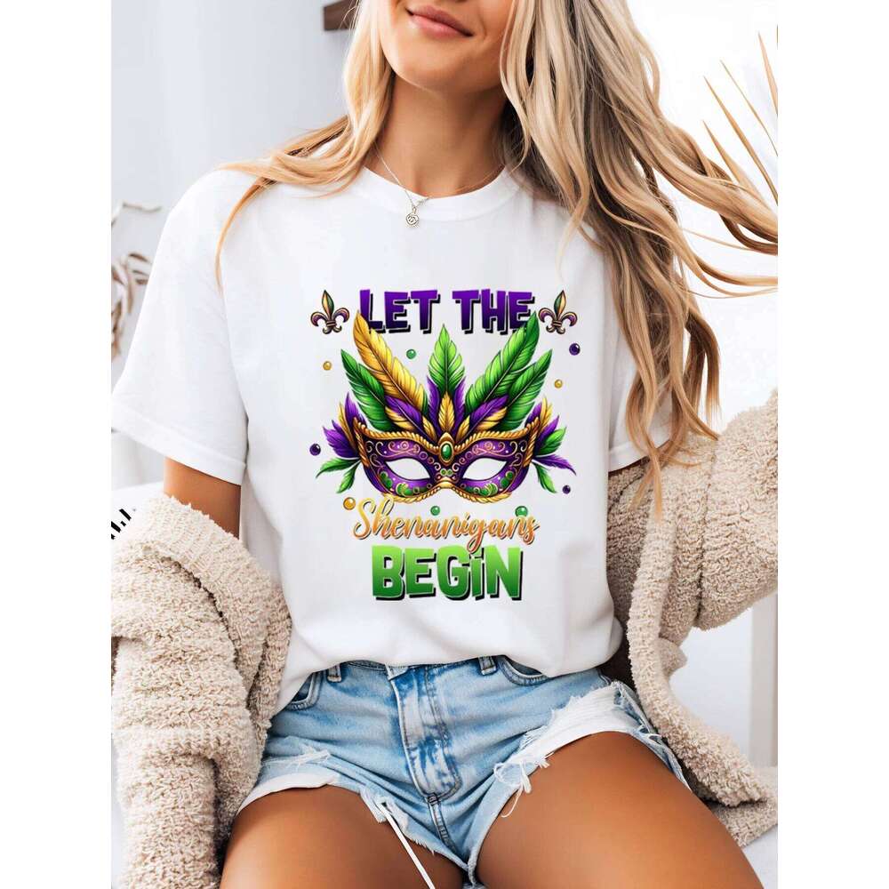 Mardi Gras Mask and Text Let the Shenanigans Begin T-Shirt Women Casual Party Wear White Plus-Size Z260312