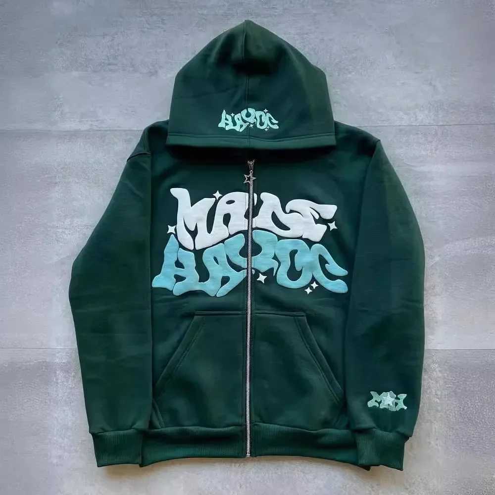 Zipper hooded sweatshirt with retro American letters suitable for men and women wearing Y2K jacket autumn/winter cardigan M260312