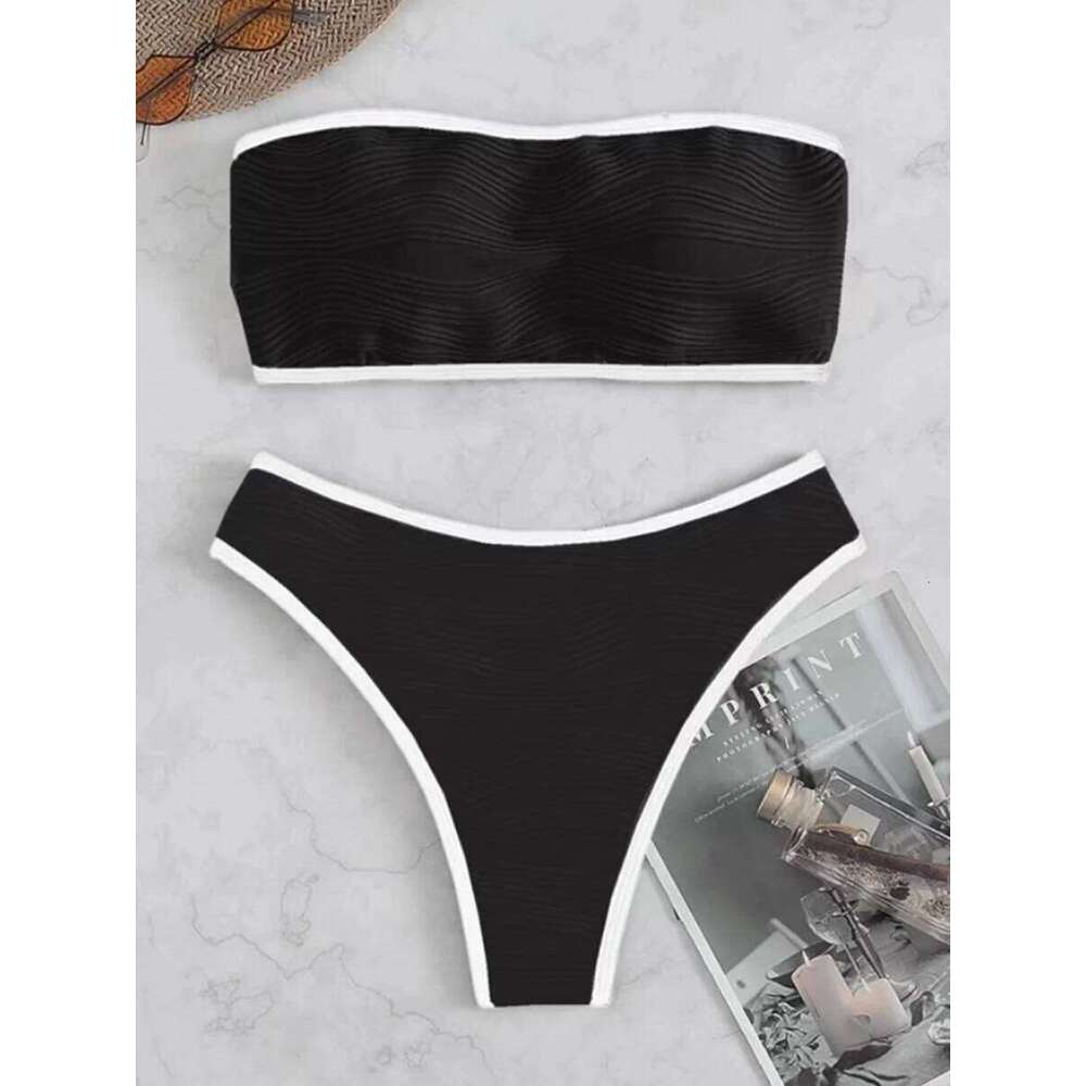 Contrast Binding Bandeau Bikinis 2025 Women Sexy Thong Swimsuit Push Up Swimwear Female Bathing Suit Swimming Summer Beachwear Y260303
