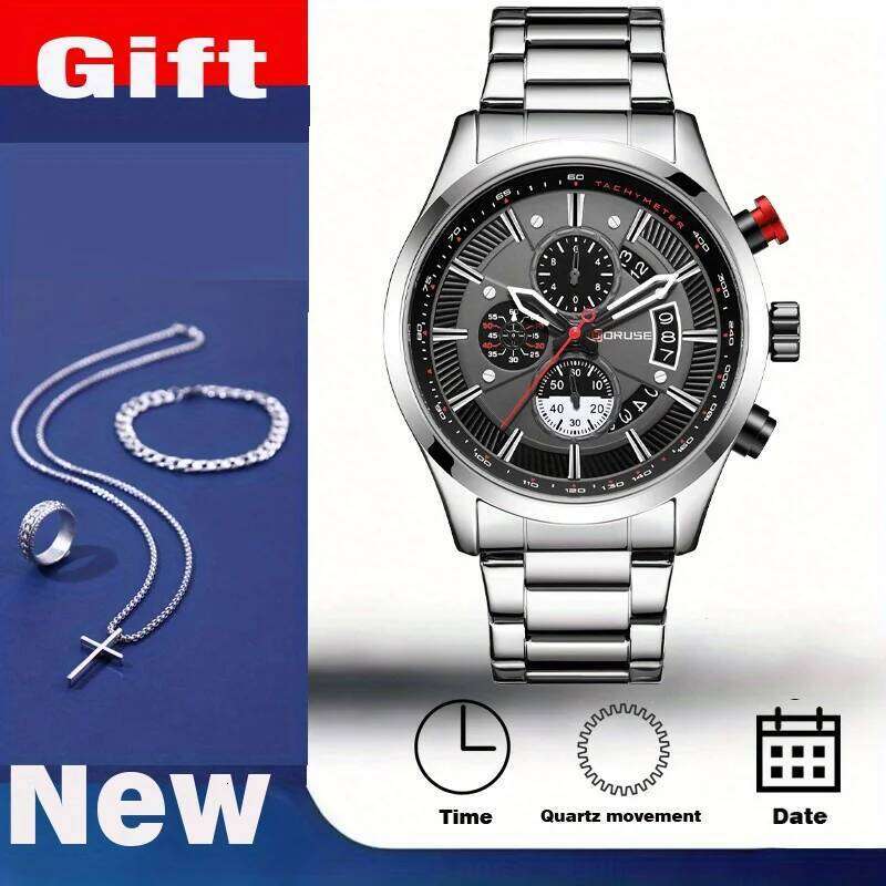 4pcs/set, BORUSE Luxury Watches & Cross Necklace Sets, Mens Stainless Steel Quartz Casual Date Watch for Men Wristwatch