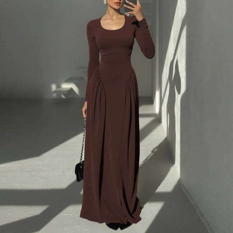 Hipster Ruched Dress Women U-NeckFull Sleeve Skinny Stretch Robe Autumn Trend Simple Classic Lace-up Pleats Long Bodycon Vestido C260312