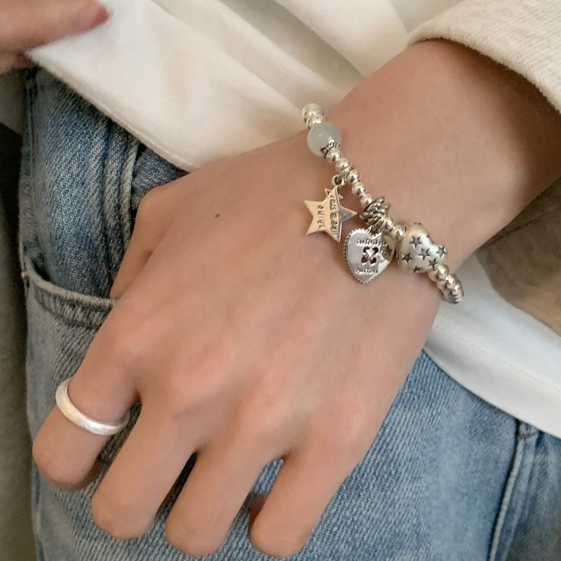 Bracelet S925 Sterling Silver Vintage Beaded Heart Star Bracelet For Women Fashionable Light Luxury Niche High-End Heavy Craft Jewelry Bracelet