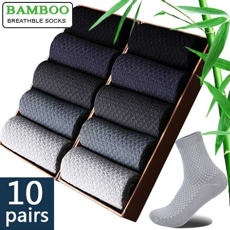 10 Pairs/Lot Men's Bamboo Fiber Socks 2025 New Compression Autumn Long Black Business Casual Man Dress Sock Gift Plus Size 42-45 Z260312