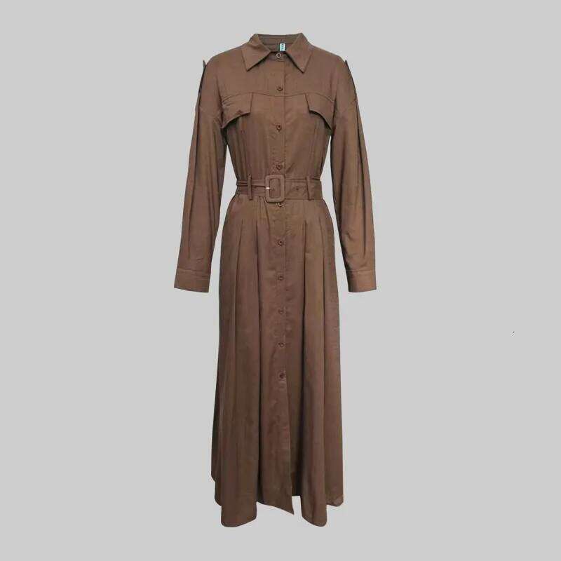 Gymystars Long Sleeve Woman Fall 2026 Lapel Shirt Dress Fashion Loose Pleated Belt Decoration Casual Button Maxi Dresses C260312