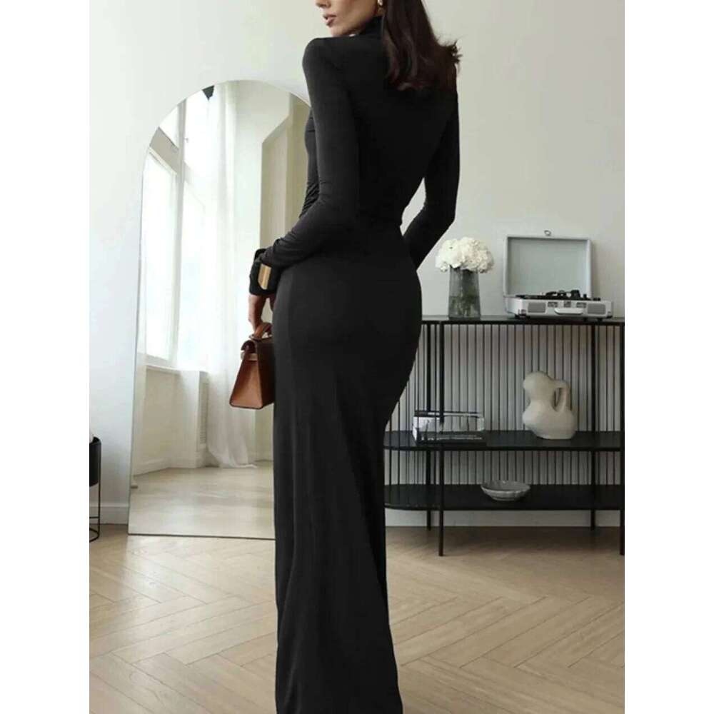 Womens Dresses Autumn and Winter Fashion Sexy High-neck Long-sleeve Solid Color with Waist Tie Club Long Dress C260312
