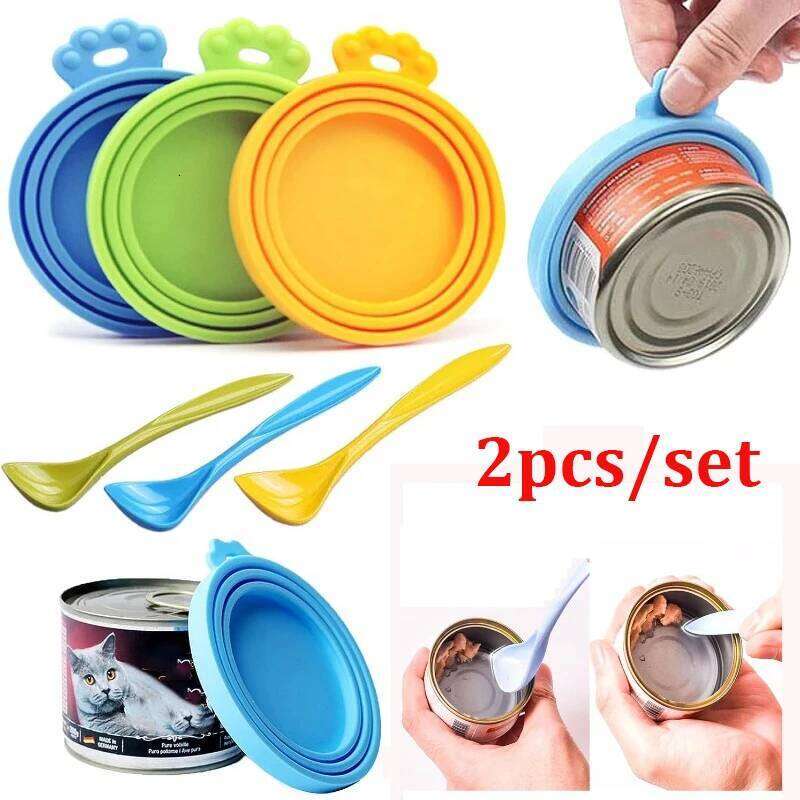 2pcs/set Reusable Pet Food Can Silicone Dogs Cats Storage Tin Cap Lid Seal Cover with Spoon 26Y0312