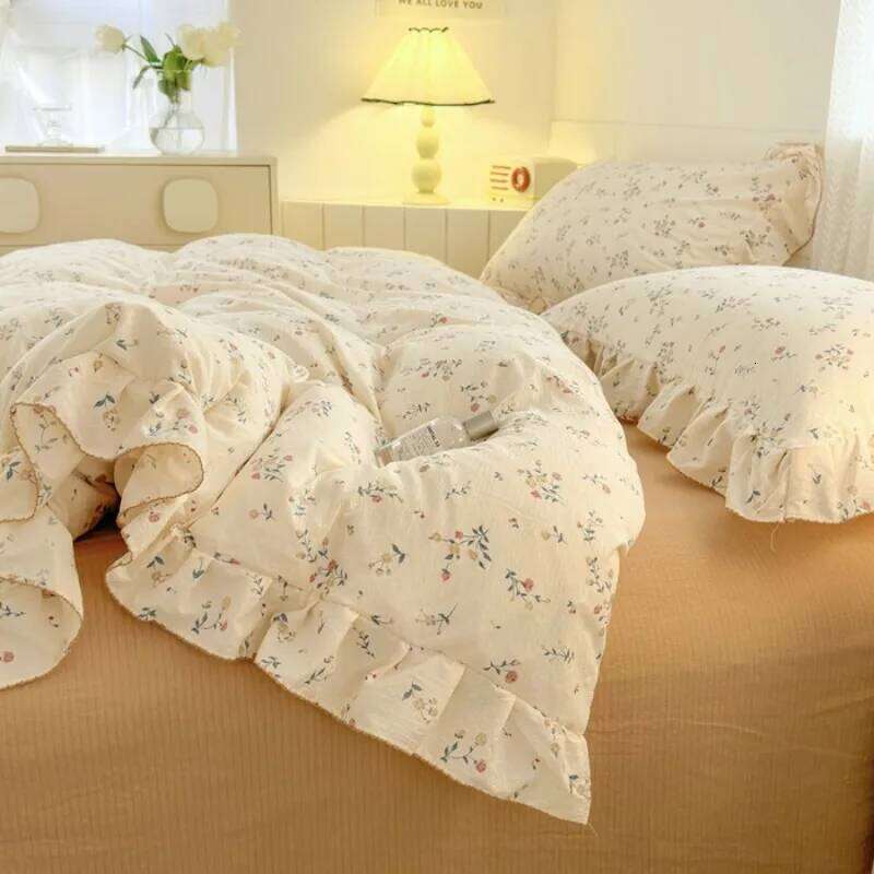 Gentle small floral four piece set aerobic knitted lace double-layer yarn duvet cover washed cotton bed sheet H260312