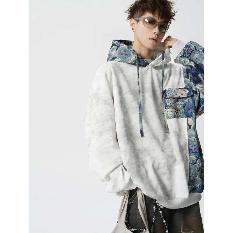 2026 New Retro Floral Print Men's Hoodie Tie Dye Patchwork Contrast Sleeve Oversized Streetwear Hooded Sweatshirt