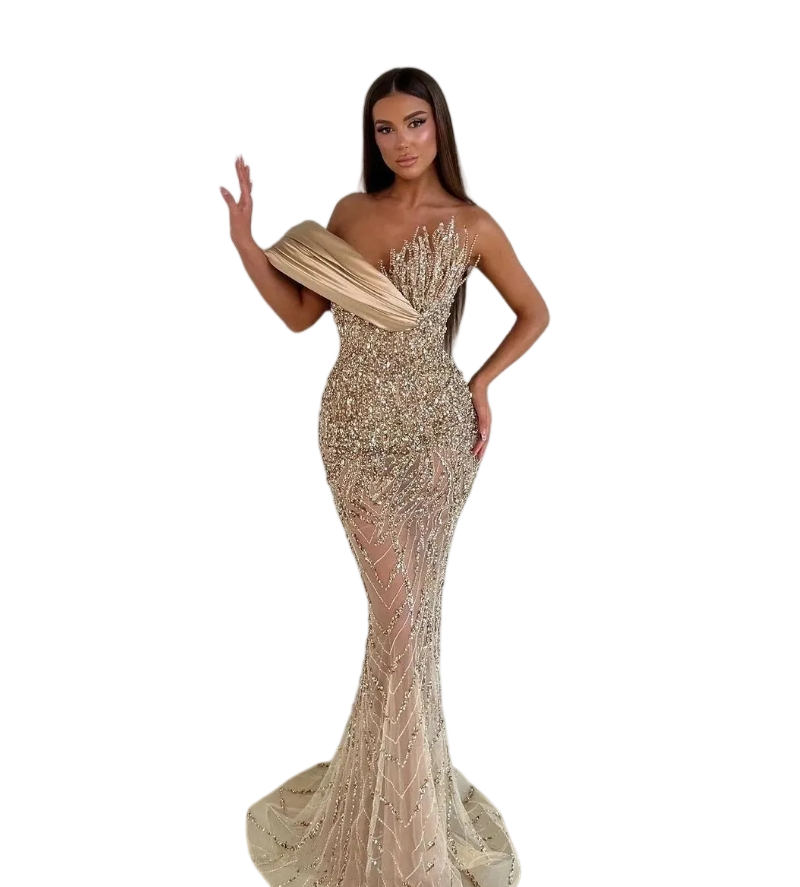 Glamorous Crystal Evening Beaded Off Shoulder Mermaid Prom Gowns Sequins Illusion Party Dresses Custom Made 0125