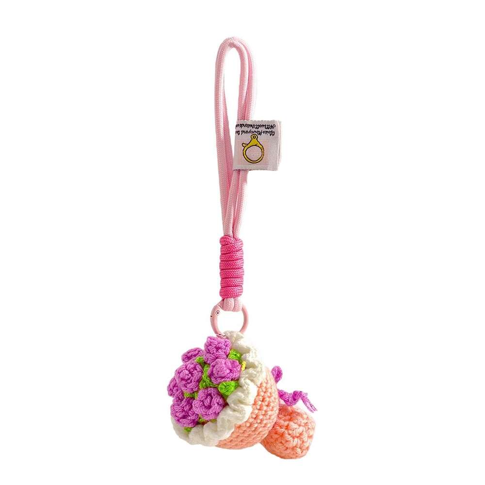 Cute Handmade Crocheted Pink Rose Bag Pendant Knitted Handheld Flower Keychain Valentine's Day Gift