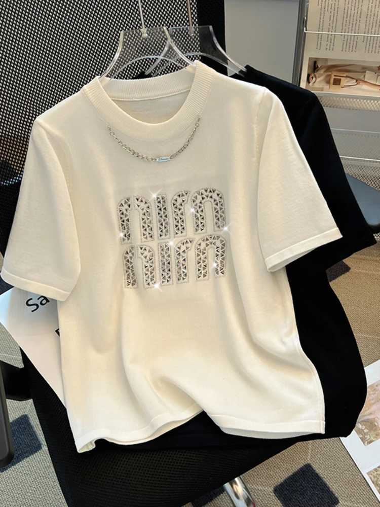 2026 Plus Size Hot Drilling Chain Loose T-shirt Women Summer New Korean Style Elegant Casual Trendy Short Sleeve Top Base ShirtT260312