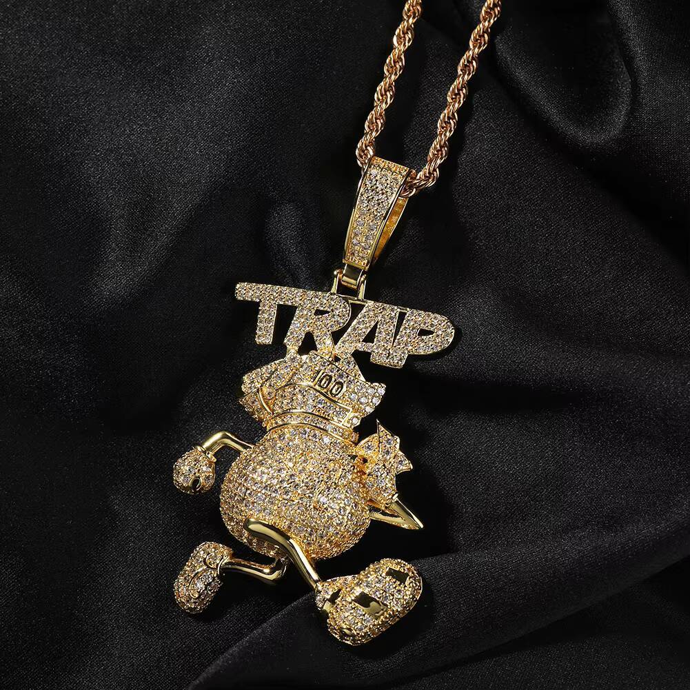 New Trendy Bling Hip Hop Iced Out Jewelry TRAP Full Diamond Wallet Pendant Gold Silver Cartoon Pendant Necklace