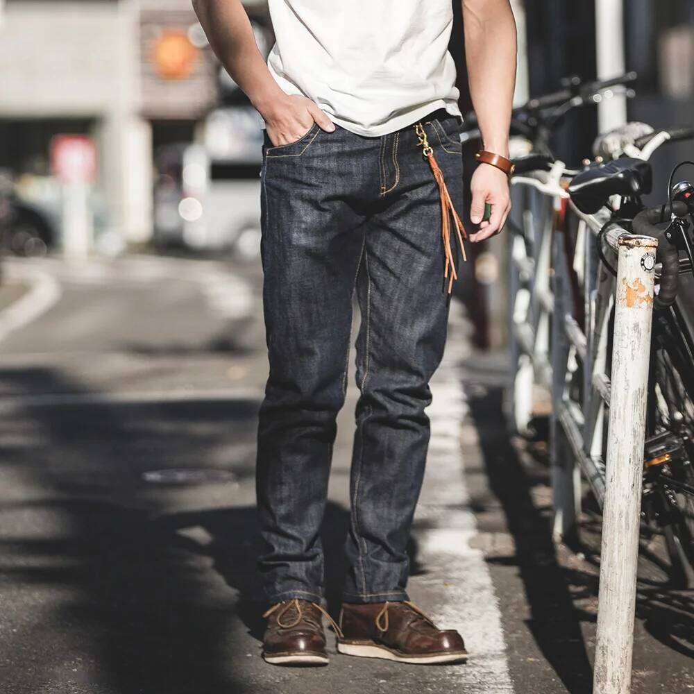 Maden Vintage 14oz Selvedge Raw Denim Horsehair Leather Patch Straight Fit Jeans Men's Spring and fall Paris Buckle Pants 26Y0312