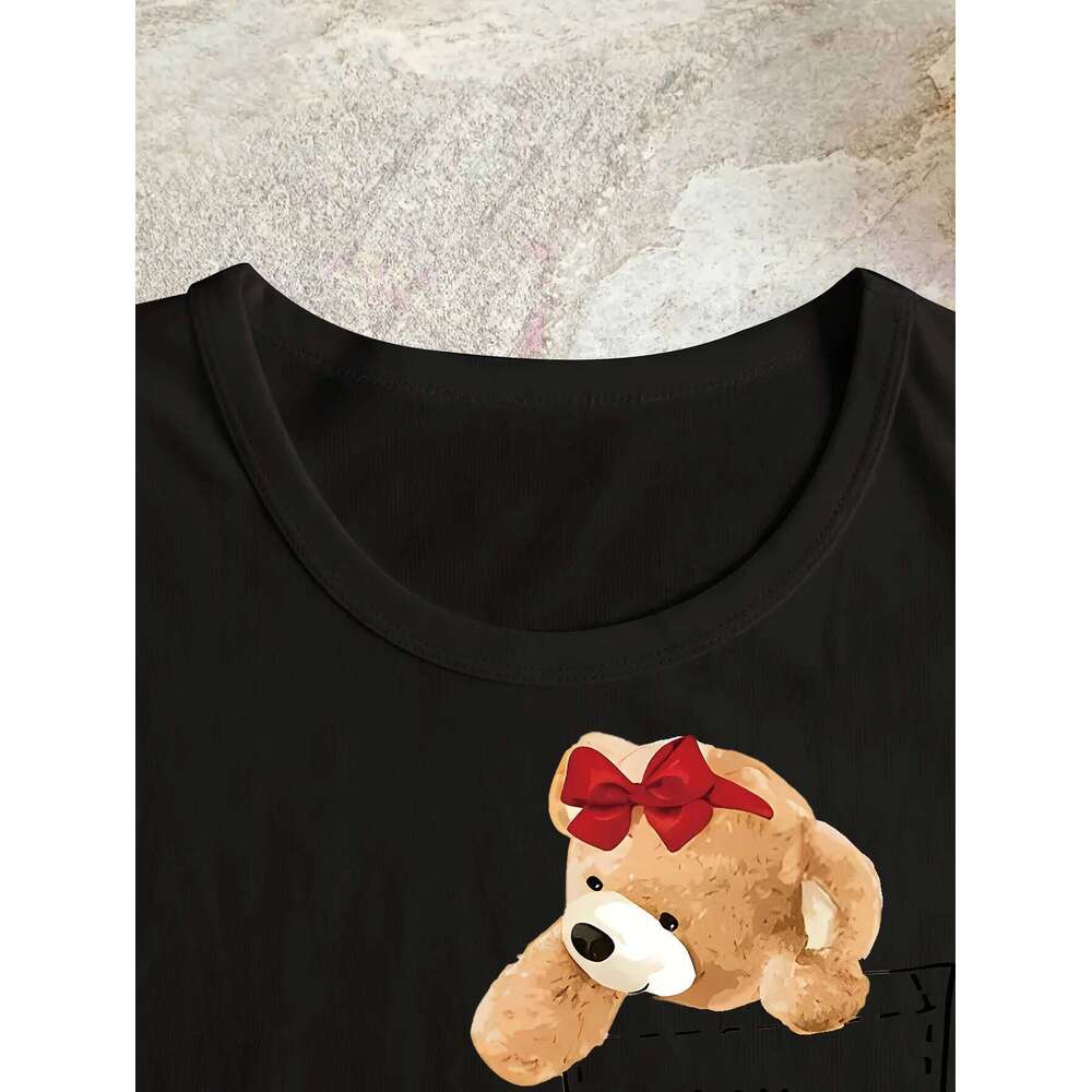 Cute Bear Print T-shirt Short Sleeve Crew Neck Top for Summer & Spring Women's Casual Female Clothing Z260312