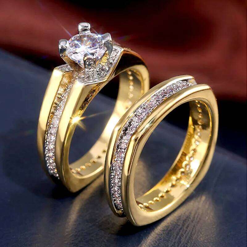 Huitan Wedding Ring Set for Women Round Zirconia Crystal 2Pcs Engagement Party Rings Anniversary Gift Trendy Jewelry Drop Ship W260311