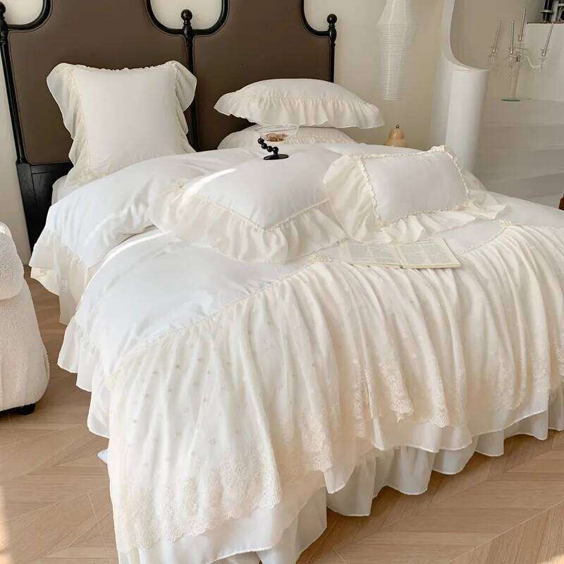 Wide Chiffon Lace Sweet Princess Style Duvet Cover+2Pillowcases Double Queen Bedding Set 3Pcs Breathable Soft for Girls Bedroom H260312
