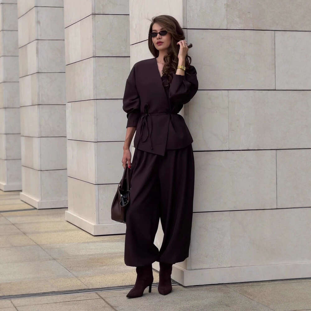 European And American Autumn New Cross Neck Long Sleeve Tie Wide Leg Pants Elegant Women S Set