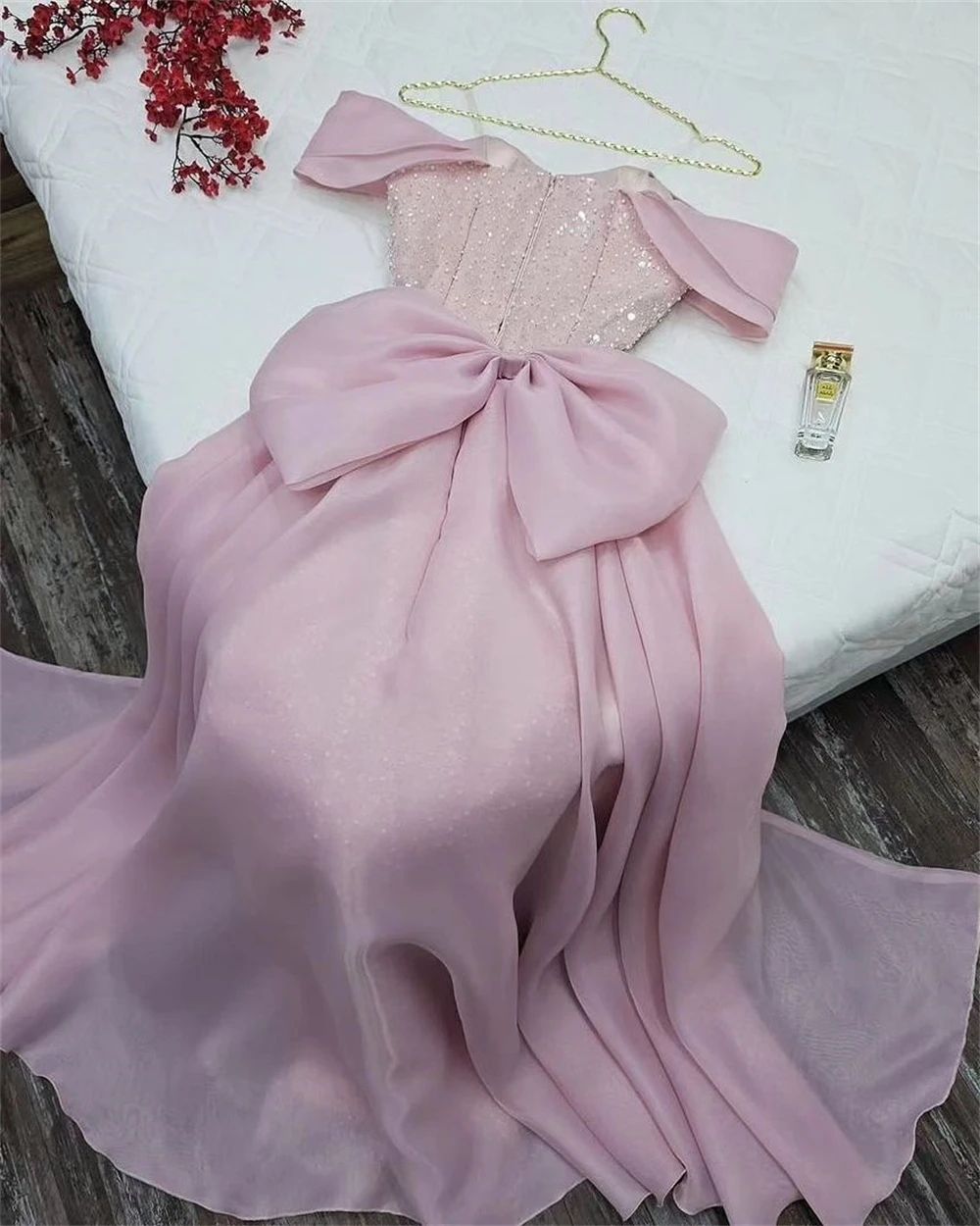 Elegant Pink Mermaid Evening Dress 2026 Off-the-shoulder Sequins Beads Organza Women Prom Formal Gowns Vestidos Feast Robe De Soiree M12