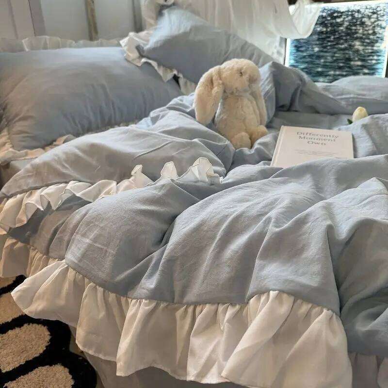 Ins Pink Princess Bedding Set with Ruffles Solid Color Soft Girls Boys Duvet Cover No Filler Pillowcase 3 or 4 pcs Bed Sheet H260312