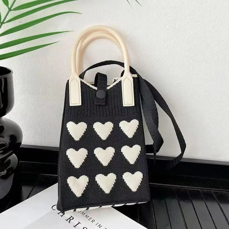 SXH 1Pcs Girls Cute Outdoor Crossbody Bags Korean Fashion Heart Knitted Mini Square Handbag For Women Small Phone Shoulder Bag 260227
