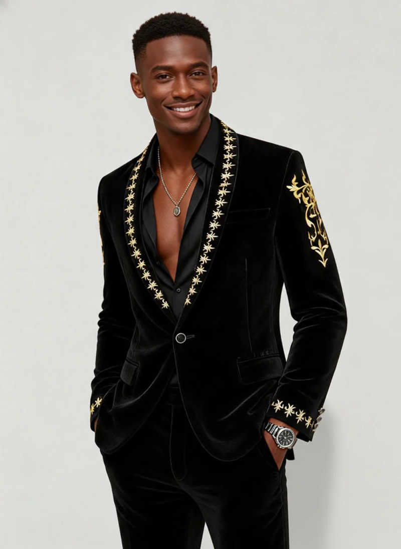 High Quality Men Suit 2 Pcs Blazer Pants Velvet Embroidered Slim Fit Jacket Special Occasion Wedding Prom Party Customized
