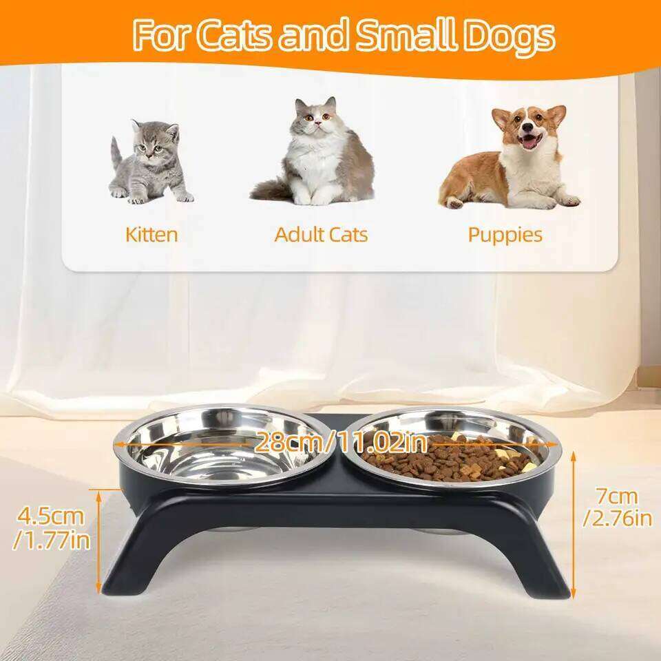 Elevated pet bowl with two stainless steel bowls, suitable for small medium-sized dogs cats, available in black and gray 26Y0312