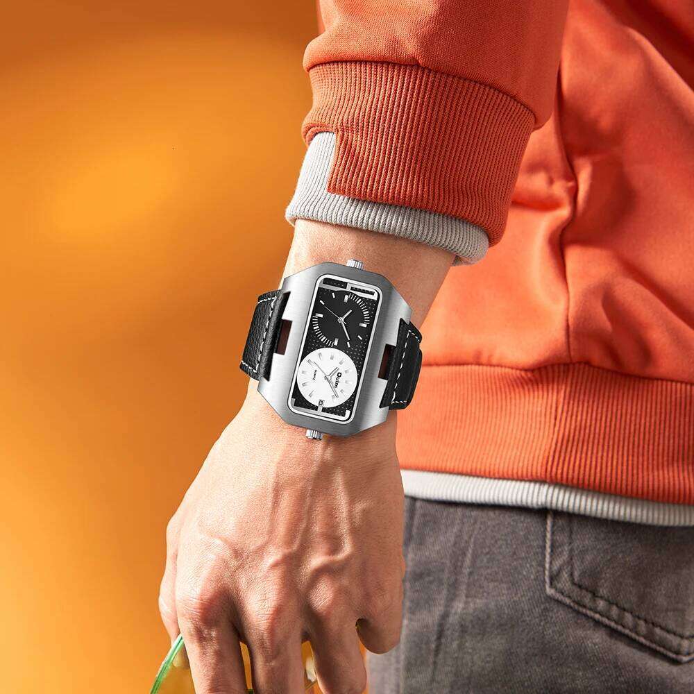 Oulm New Fashion Trend Cool Men's Night Light Calendar Function Dual Time Zone Rectangular Large Dial Quartz Watch reloj