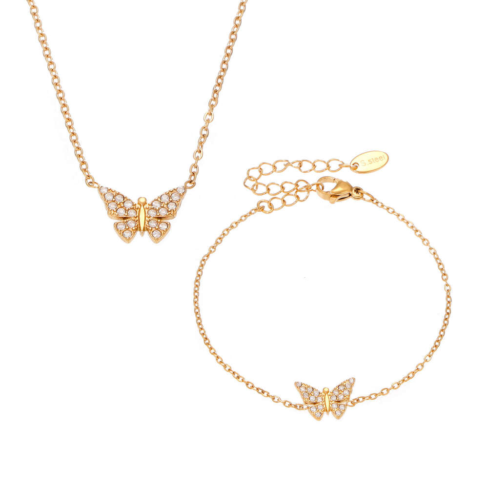 Stainless Steel 5A Zircon Butterfly Necklace Bracelet European and American Fashion Light Luxury 18k Gold Plated Versatile Jewelry Set