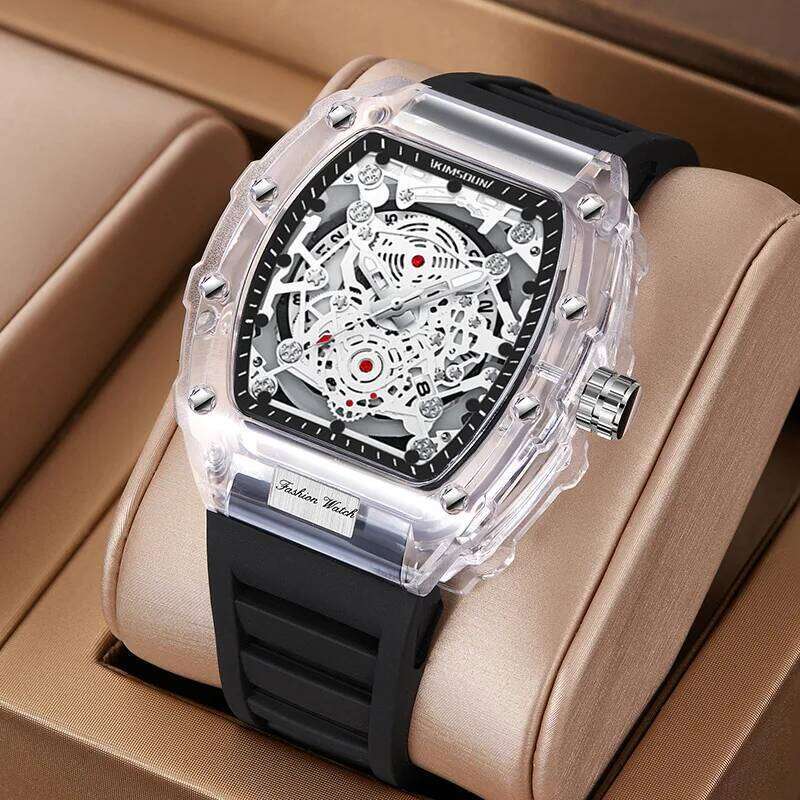 Fashionable Casual Men's Luminous Calendar Function Silicone Strap Tonneau Shaped Transparent Case Men Quartz Watch Reloj