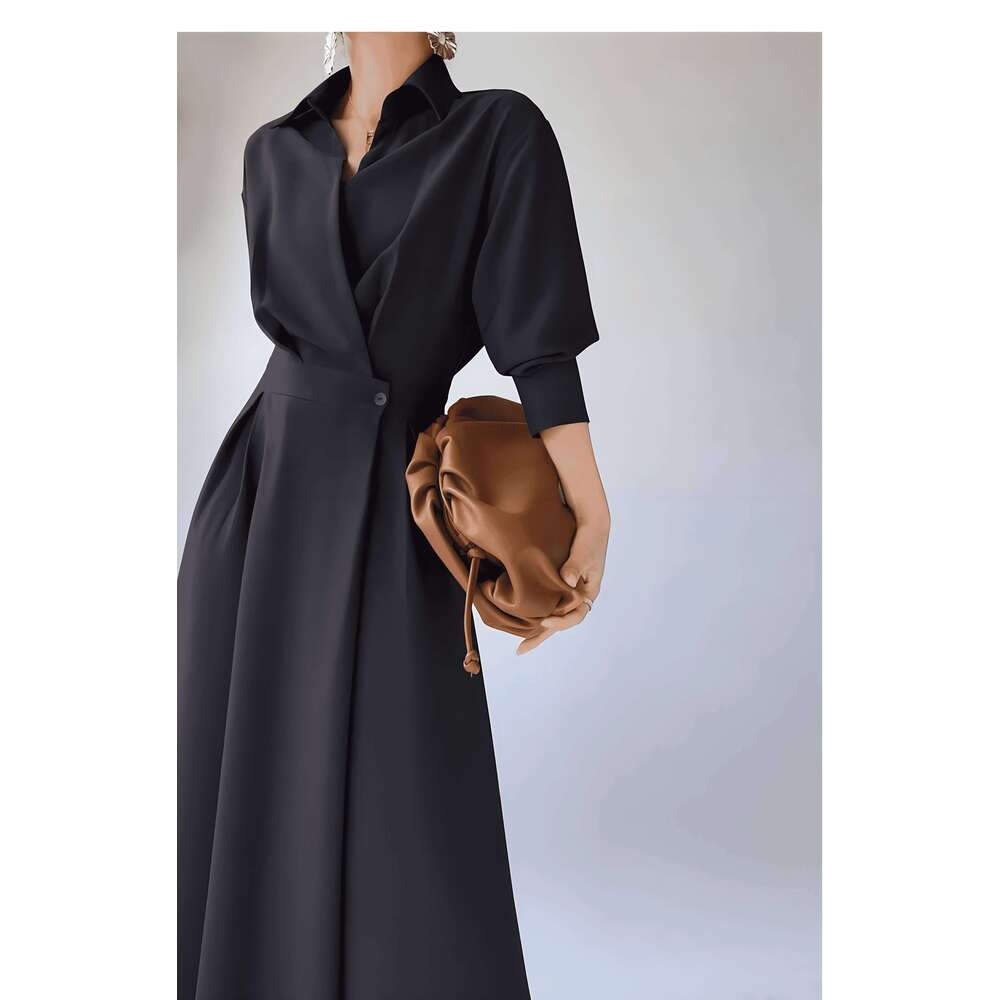 Spring and autumn women's long-sleeved lapel shirt dress, stylish elegant simple commuter Korean long skirt C260312