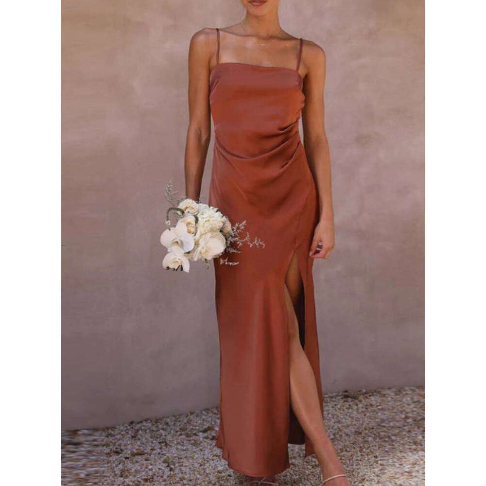 2025 Summer Fashion Elegant Casual Sexy Strap Solid Color Holiday Dress Backless Split Party Women's Clothing C260312