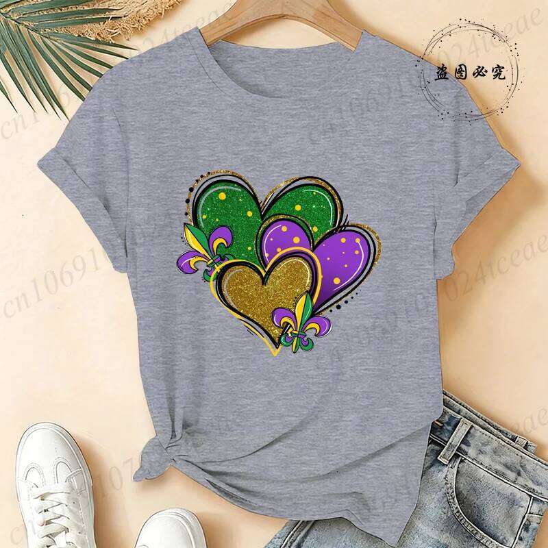 Mardi Shirt for Woman,Mardi Gras Heart T-Shirts,Fat Tuesday Shirt,short Sleeve Clothes,summer Fashion Women's T-Shirts Tops Z260312