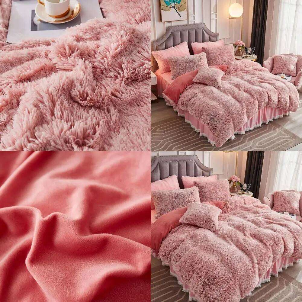 King Size Pink Ombre Crystal Velvet 3-Piece Shaggy Faux Fur Bedding Set with Comforter & Pillow Shams H260312