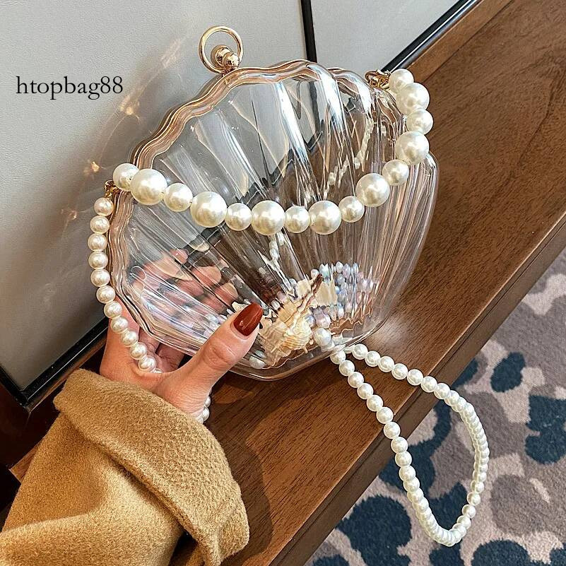 Evening Bags for Women 2023 New Transparent Shell Clutch Box Handbags Pearl Chain Crossbody Acrylic Purse Shoulder Bag