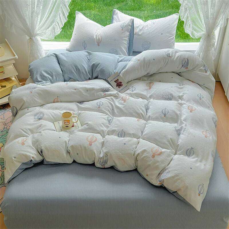 Cartoon Hot Air Balloon Duvet Covers Set, Modern Room Decor Double Layer Yarn Bedding Sets Flat Sheet 4 Pieces for Kids Teens H260312
