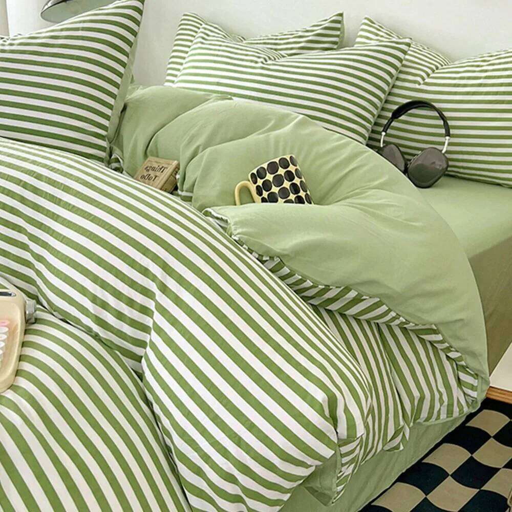 Green White Striped Bedding Set No Filler Ins Nordic Duvet Cover with Zipper Pillowcase Sheet Double Queen Bed Linens H260312