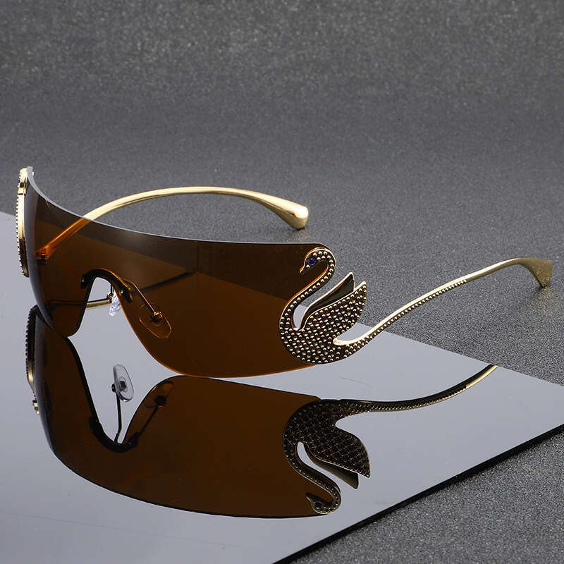 Fashion Diamond-Embellished Swan-Ear Sunglasses, Personalized Women's Sun Protection Versatile Rimless One-Piece Glasses