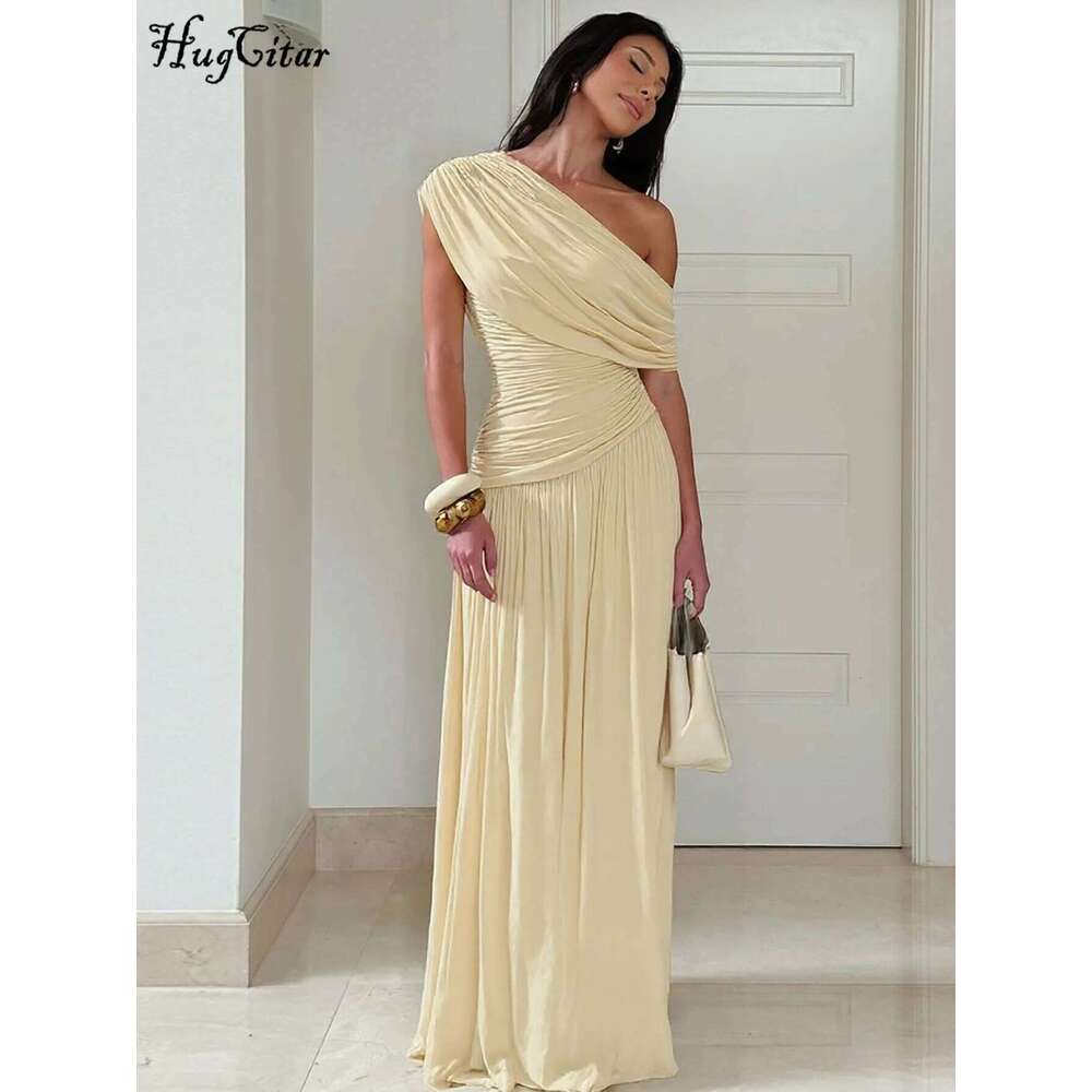 Hugcitar One Shoulder Ruched Sleeveless Solid Pleated Sexy Irregular Y2K Maxi Dress Summer Elegant Party Women Clothes Vacation C260312