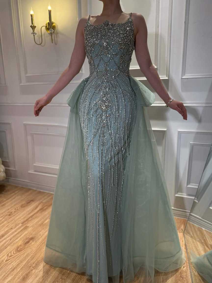Charming Mermaid Prom Dress Spaghetti Strap Crystal Beaded Evening Dresses Luxury Detachable Sweep Train Party Gowns Customized