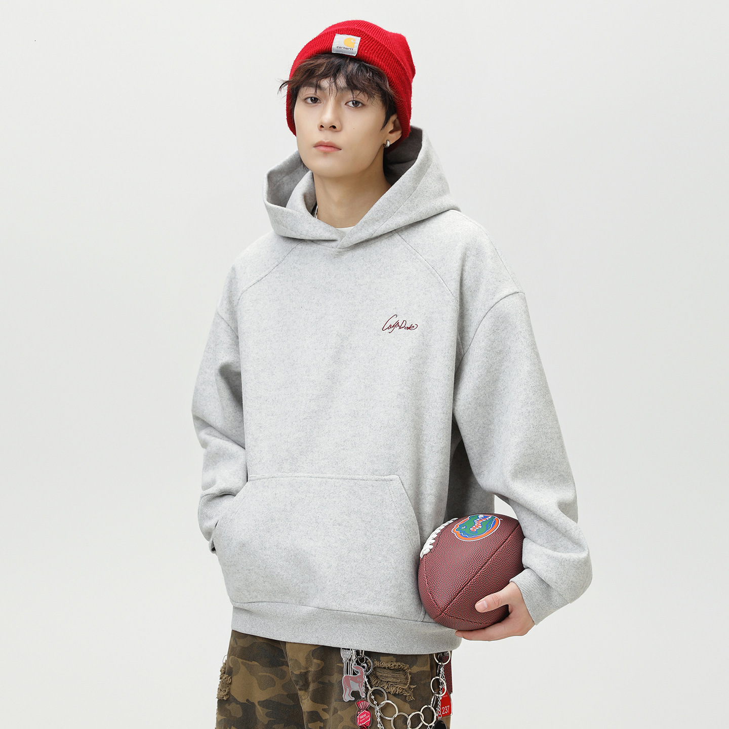 Heavyweight Textured Woolen Hooded Sweatshirt Designer Hoodie Autumn Style Split Structure Color-block Embroidery Trendy Loose Hoodie Jacket
