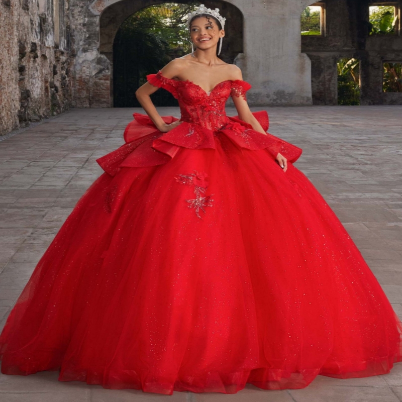 Red Ball Gown Quinceanera Dresses 2026 Applique Lace Beading Crystal Bow Tull Corset Off Shoulder Sweet 16 Dress Years Vestidos De 15 Anos