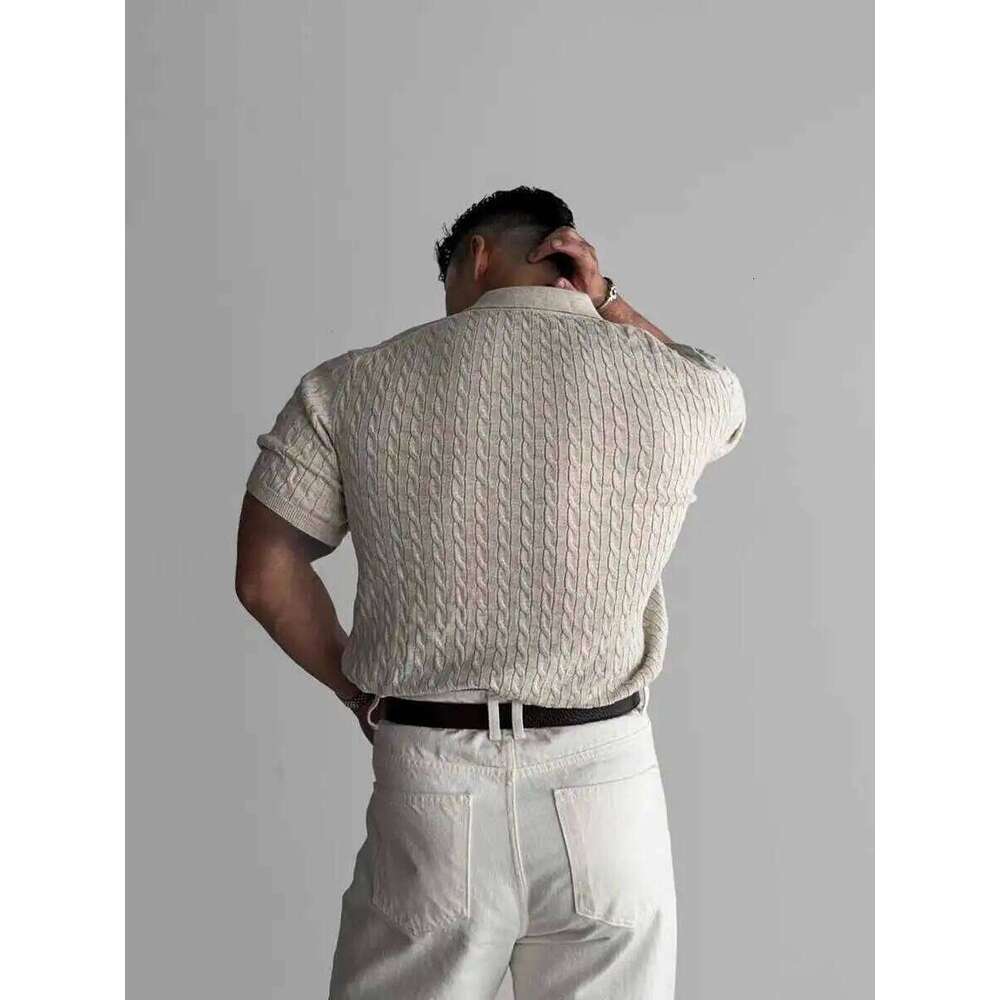 American Sle Hard Man Knitted Irt Muscle Men Slim Fit Elastic Ort Turn-Down Collar Sweatirt Tight Sve ...