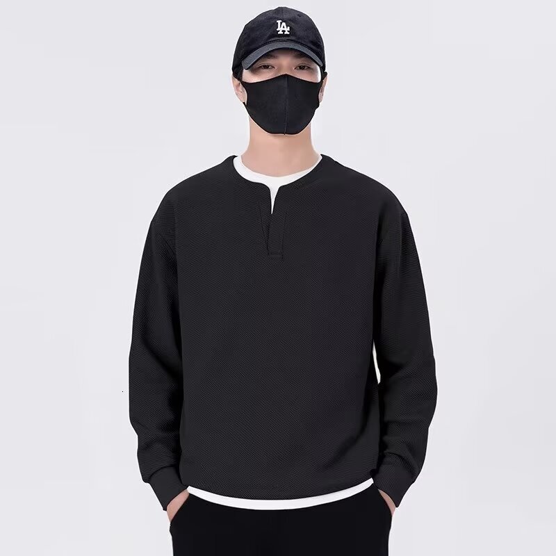 Fake Two-piece Textured Autumn And Winter Trendy Designer Hoodie Design Crew Neck Sweatshirt For Men Long-sleeve Top