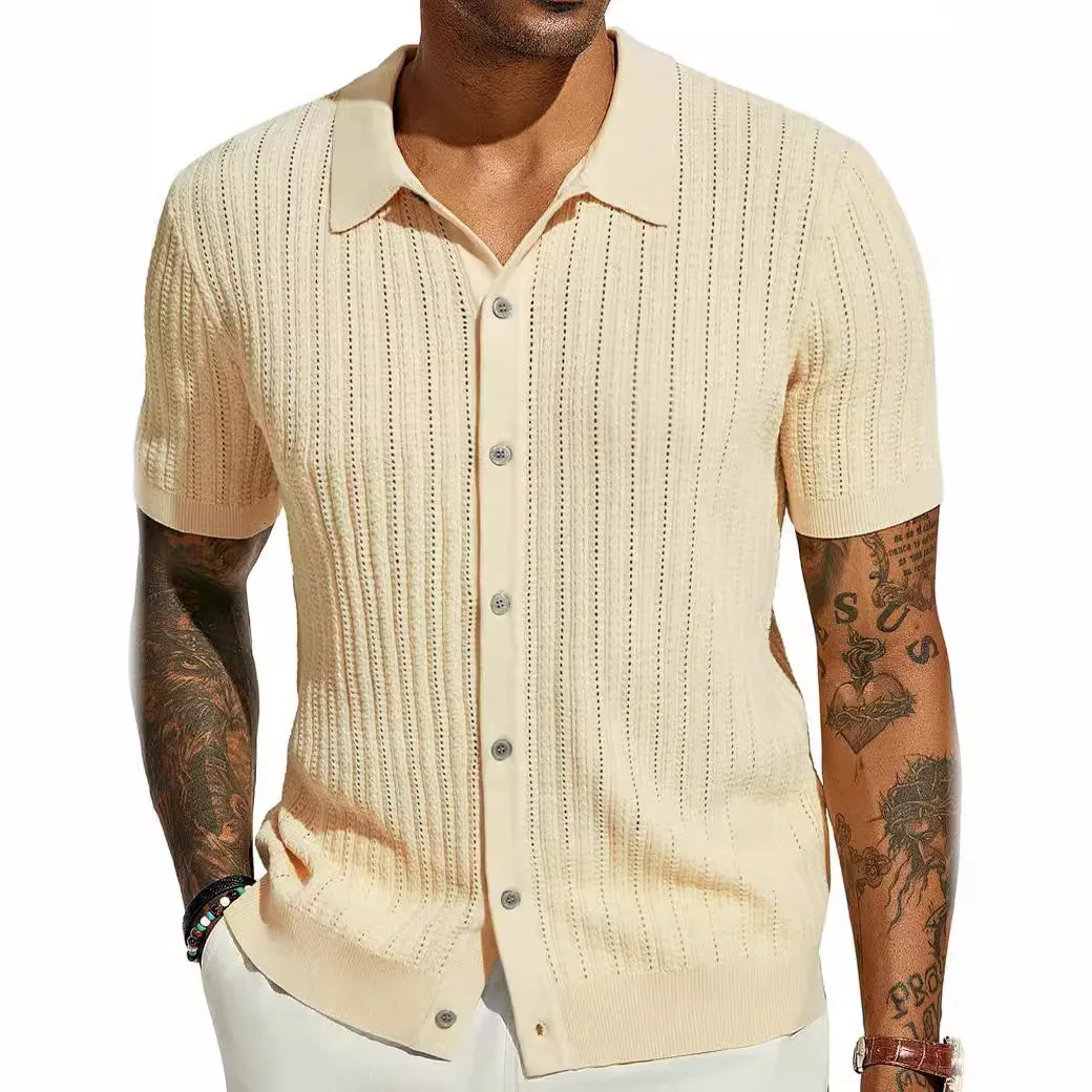 Summer Mens Casual Shirt Breathable Hollow Out Knit Shirt Short Sleeve Lapel Lightweight Top for Men European American Loose 260311