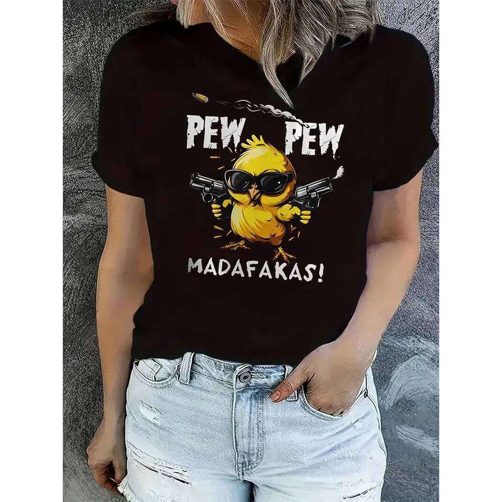 Women's Casual Graphic T-Shirt with Playful Chick PEW MADAFAKAS Print Short Sleeve T Shirt Clothing Top Tee Z260312